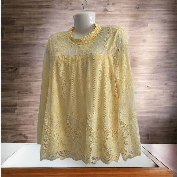 Ultra Pink Women's Yellow Lacey Partial Lined High Neck Blouse | Size Large - Picture 1 of 16